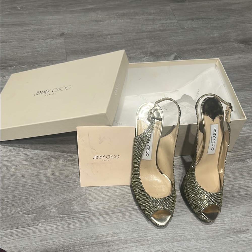 Jimmy Choo Gold Peep-Toe Slingback Heels